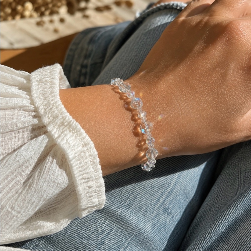 Vintage AB Crystal Glass Bead Bracelet w/ Extender Handmade Sparkle
